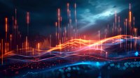 Dynamic financial data visualization with glowing orange and blue wave patterns against dark background, perfect for business analytics and technology concepts.
