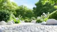 Tranquil zen garden path with white stones and pebbles surrounded by lush green plants and dandelions creates peaceful landscape atmosphere.