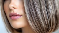 Close-up view of feminine lips with natural pink lipstick and straight ash blonde bob hairstyle against blurred background, beauty and fashion concept.