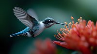 Vibrant hummingbird with iridescent blue-green feathers hovering near coral-colored flower stamen, wings spread against dark green bokeh background in macro photography.