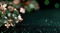 Delicate glass flower jewelry with sparkles on dark emerald background. Macro shot of crystal floral accessory with bokeh lights and glitter details.