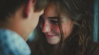 Young couple sharing intimate moment with woman looking down shyly while man gazes at her tenderly in soft romantic lighting for relationship content.