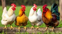 Four colorful chickens standing on wooden fence in farmyard setting. Mixed breed roosters and hens with vibrant plumage for poultry farming concepts.