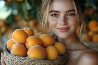 Young Caucasian woman with natural makeup and blonde hair holding wicker basket full of fresh oranges, smiling against blurred citrus garden background.