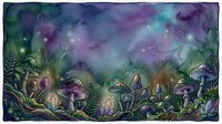 Enchanted forest floor with glowing mushrooms and magical luminescent atmosphere, surrounded by lush ferns and foliage under a mystical starlit sky.