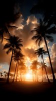 Dramatic sunset silhouettes tall palm trees against golden sky with glowing clouds over tropical beach, creating serene and romantic atmosphere for travel inspiration.