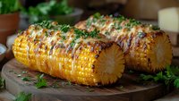 Grilled corn on the cob with herbs and spices on wooden cutting board. Fresh summer barbecue side dish with parsley garnish for outdoor cooking and dining.