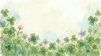 Watercolor clover field border with shamrocks and wildflowers on soft pastel background, copy space for St. Patricks Day greeting cards.