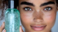 Young mixed race woman with freckles and natural makeup holding turquoise glass bottle with water drops against blurred background. Beauty and skincare concept.