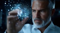 Mature Caucasian businessman with gray beard holding glowing digital network particles in hand, representing innovation and technology concepts for business presentations.
