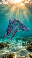 Cuttlefish swimming in turquoise ocean waters with golden sunbeams filtering through surface creating magical underwater scene with coral reef below.