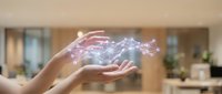 Hands holding glowing digital network particles and light effects, representing data transfer, technology innovation, and wireless connectivity in modern office environment.
