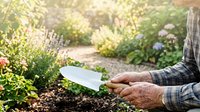 Mature man in plaid shirt holding blank white plant label in sunny garden with flowering shrubs and mulch, gardening and plant identification concept.