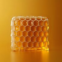 Fresh honeycomb piece with golden honey dripping from hexagonal cells on warm amber background, glowing translucent structure showing natural organic pattern.