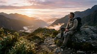 Hiker with backpack sitting on rocky mountain peak at sunrise, overlooking misty valley and distant mountains, adventure and outdoor exploration.