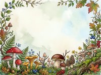 Woodland mushroom border frame with autumn foliage, berries, and forest flora arranged on cream background. Isolated design element suitable for invitations, cards, and stationery projects.