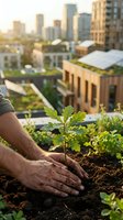 Hands planting a young tree seedling in rooftop garden soil with green urban skyline and solar panels in soft sunlight background.