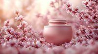 Pink cosmetic cream jar surrounded by delicate cherry blossom branches in soft focus, creating luxurious skincare product presentation against blurred floral background.