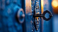 Vintage black key in ornate blue door lock with shallow depth of field and warm evening light creating mysterious atmospheric mood. Suitable for book covers.