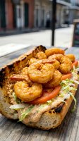 Grilled shrimp po boy sandwich with lettuce and tomato on crusty bread served outdoors at street cafe for lunch menu and restaurant marketing.