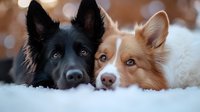 Two adorable dogs lying together in snow, black and brown puppies with expressive eyes resting side by side in winter wonderland setting.