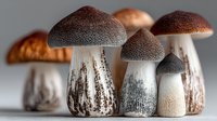 Brown mushrooms with textured caps and speckled stems arranged in a row on neutral background, showcasing various sizes and natural details.