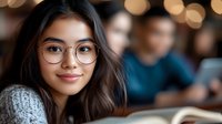 Young Asian woman in glasses and knit sweater smiling at camera with warm bokeh lights and blurred people in background, natural authentic portrait in cafe setting.