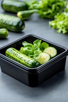 Fresh green salad with cucumber slices and lettuce in black container for healthy meal prep and diet nutrition planning.