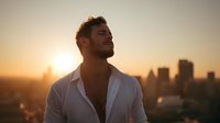 Young Caucasian man in white shirt against urban sunset skyline, eyes closed with peaceful expression, golden hour lighting creates atmospheric mood for lifestyle content.