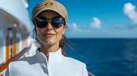 Young woman in sunglasses and cap smiling on cruise ship deck against blue ocean and sky background, enjoying luxury vacation travel experience at sea.