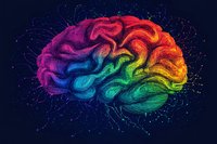 Rainbow colored brain with glowing particles on dark background shows neural connections and creative thinking processes in vibrant spectrum colors.