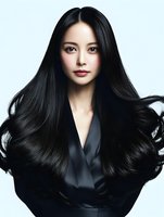 Young East Asian woman with long black hair and professional makeup wearing dark blazer against white background for corporate and beauty campaigns.