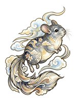 Whimsical chinchilla with ornate floral patterns and flowing clouds, isolated on white background. Perfect for t-shirt designs, stickers, and decorative clipart applications.