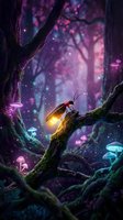 Magical forest scene with glowing firefly lantern on mossy tree branch surrounded by luminous mushrooms and sparkling lights in enchanted woodland atmosphere.