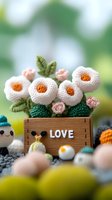 Knitted pink flowers in wooden box with love text, surrounded by cute amigurumi characters. Handmade crochet decoration on blurred background.