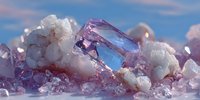 Colorful crystal formation with purple and blue gemstones surrounded by white mineral clusters against soft blue sky background.