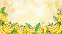 Watercolor illustration of fresh yellow bananas with green leaves arranged on aged cream background, suitable for food packaging, recipe blogs, and kitchen decor designs.