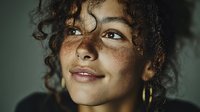 Young mixed-race woman with curly hair and freckles smiling warmly in natural light for lifestyle and beauty content.