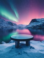 Mystical round platform against northern lights and snowy mountains reflected in calm lake waters. Aurora borealis creates magical atmosphere in winter landscape.