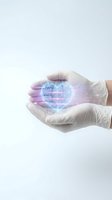 Medical professional hands in white gloves protecting digital heart with network connections representing healthcare technology and cardiology innovation.