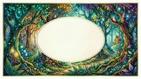 Enchanted forest frame with magical trees, colorful foliage and mystical atmosphere surrounding blank oval space for text or design elements.