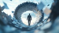 Silhouette of businessman walking through abstract digital tunnel made of scattered data particles against bright light, symbolizing digital transformation journey.