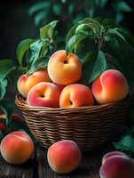 Fresh ripe peaches in wicker basket with green foliage, ideal for food, agriculture, harvest, and organic produce marketing materials.
