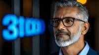 Mature businessman with gray beard and glasses looking confident against blurred blue neon numbers background. Professional corporate portrait in modern office setting.