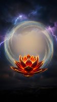Mystical glowing lotus flower with golden energy circle and lightning storm background for spiritual meditation and enlightenment concepts.