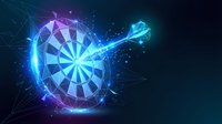 Futuristic glowing dartboard with neon blue and purple lights, digital arrow hitting bullseye target with energy effects and particle trails on dark background.