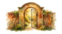 Watercolor illustration of an arched golden gate entrance with ornate doors, surrounded by autumn foliage and climbing vines, isolated on white background for design projects.