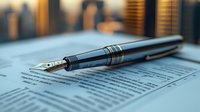 Luxury fountain pen on business contract document with shallow depth of field, highlighting professional signing moment in corporate environment.
