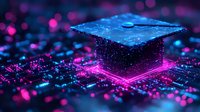 Graduation cap glowing with neon blue and pink lights on digital circuit background with bokeh effects, representing modern education and technology advancement.