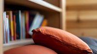 Cozy terracotta orange throw pillow on sofa against blurred bookshelf background, creating warm and inviting home atmosphere. Soft textile texture in focus.